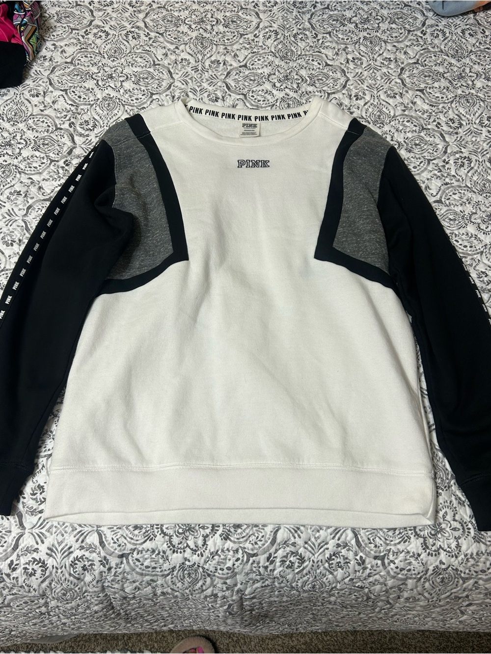 Victoria's Secret PINK Colorblock Crewneck Sweater - White, Black & Gray